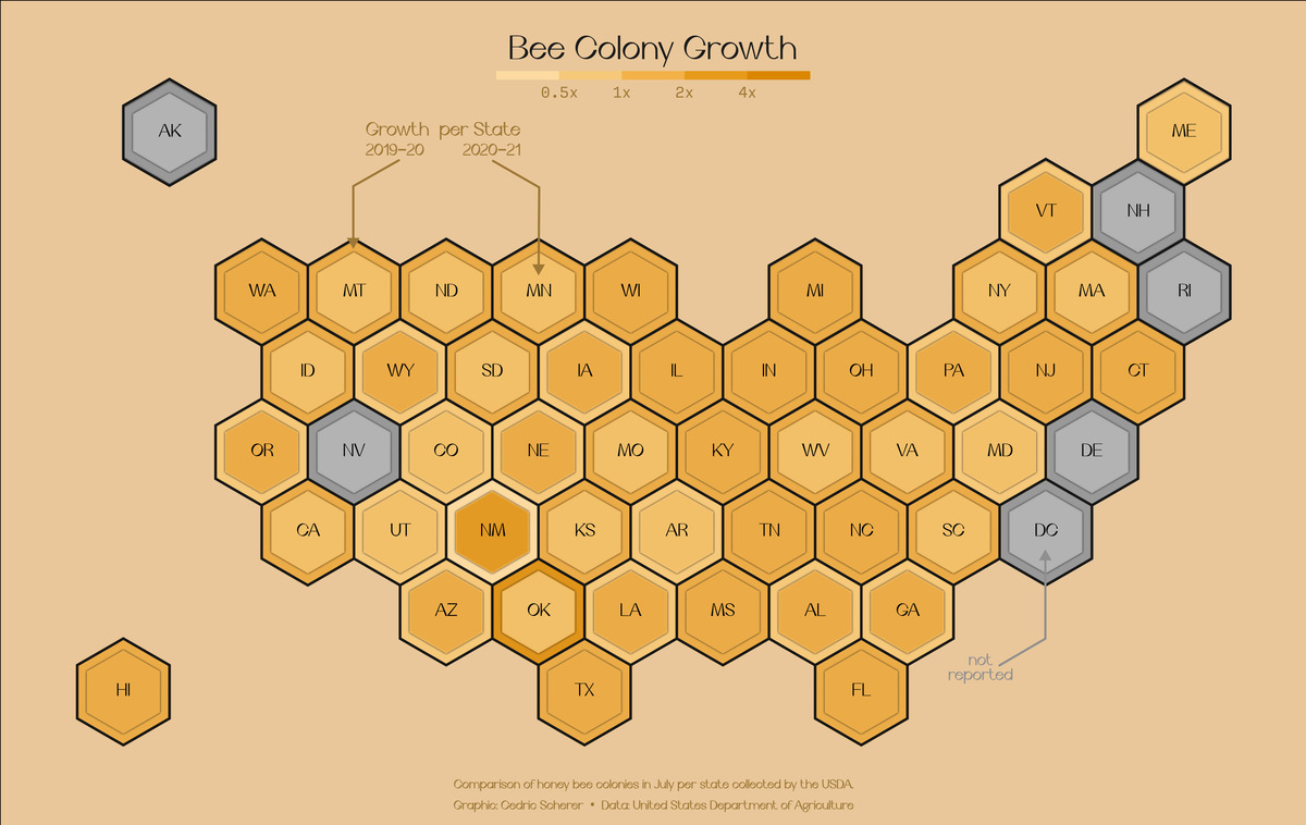 MapChallenge 2021 Day 04 Hexagons US Bee Colonies